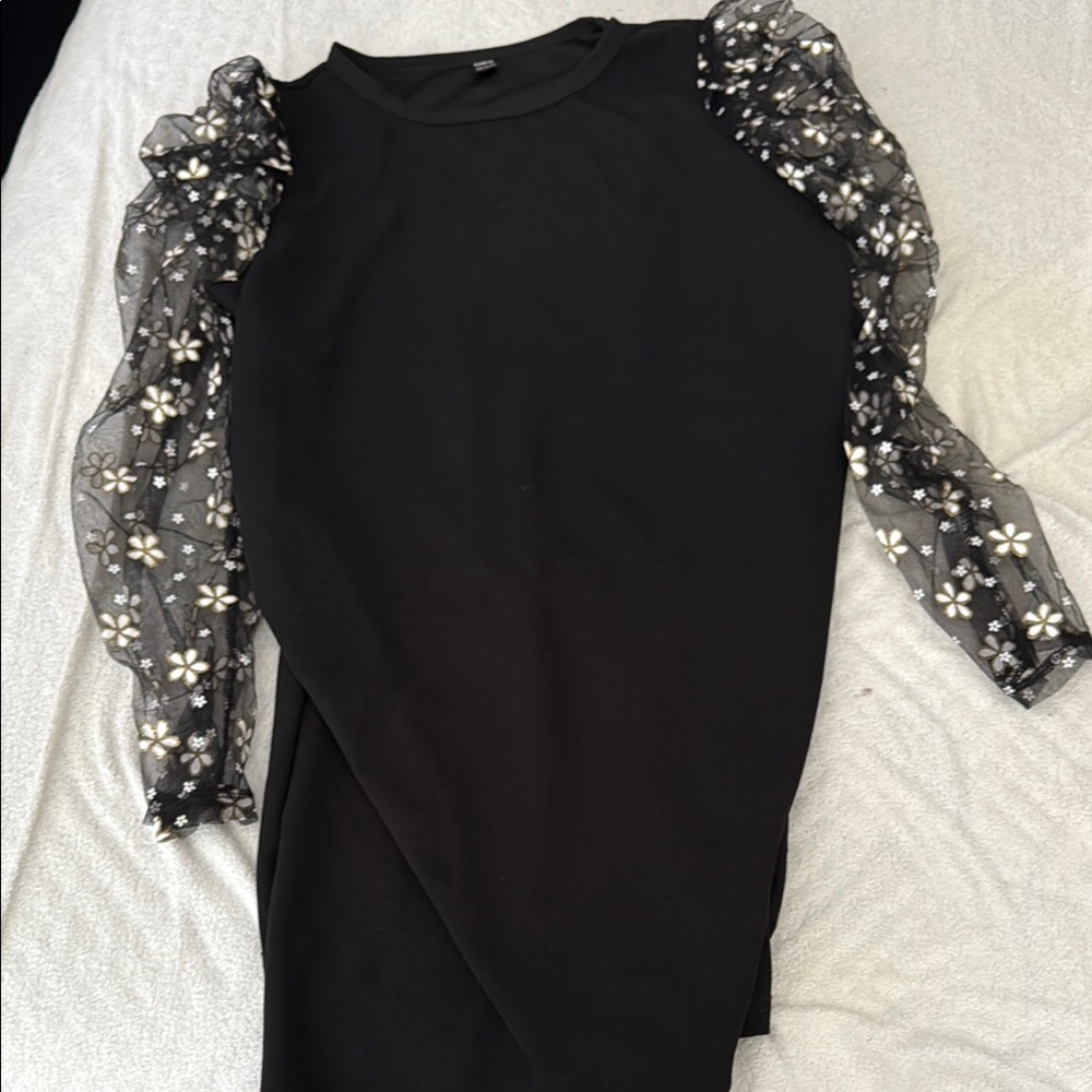 SHEIN Black Midi Dress with Floral Sheer Sleeves